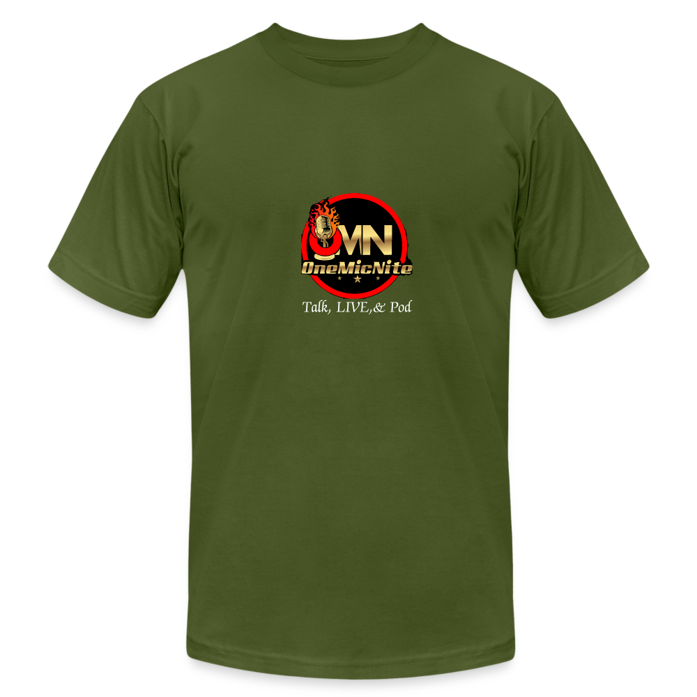 OneMicNite Signature Logo Unisex Talk,LIVE, & Pod Tee - olive